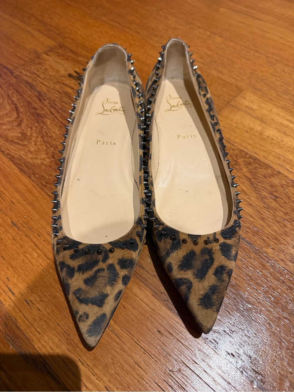 Christian Louboutin Leopard Print Studded Pointed-Toe Flats - Brown/Black